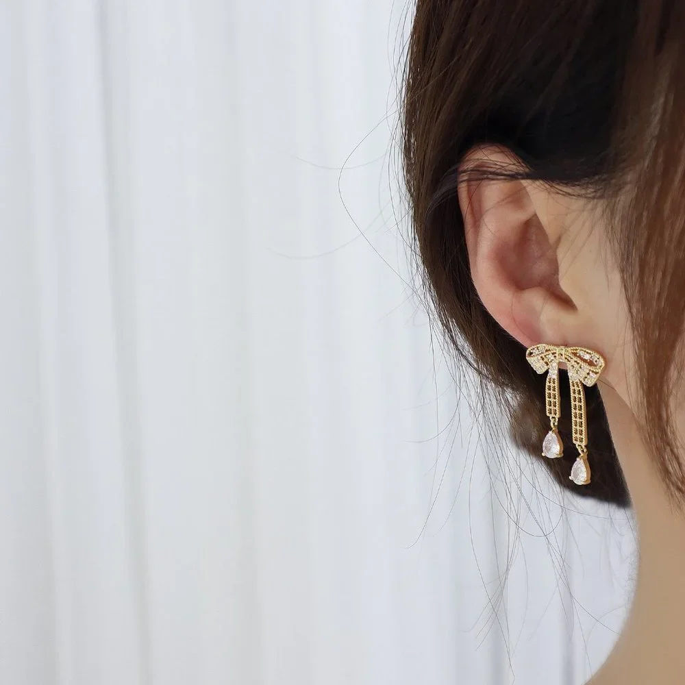 NEW 14K Gold Plated Diamond Bow Drop Earrings - Picture 2 of 5